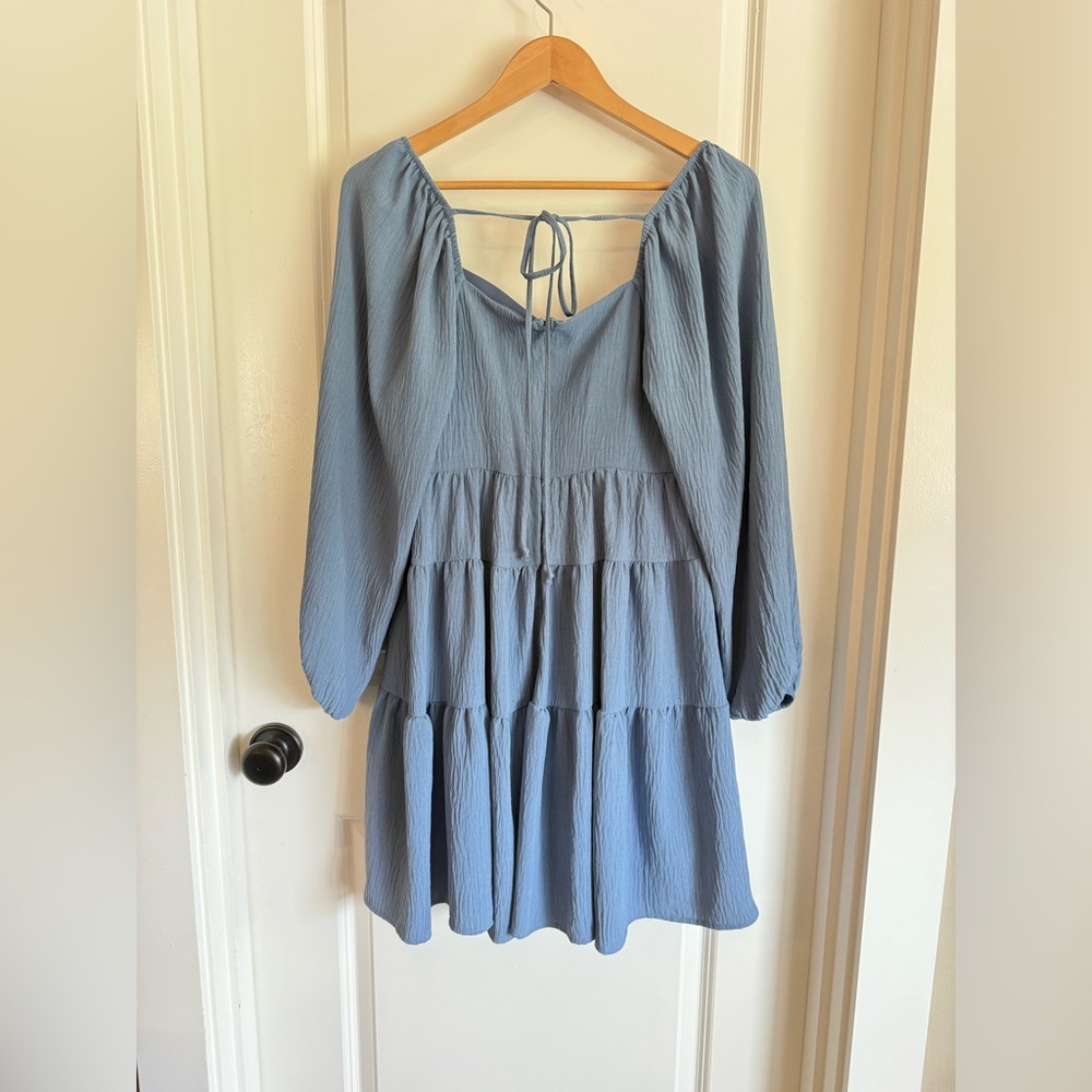 Altar’d State Dusty Blue Tiered Longsleeve Mini Dress with V-neckline Size M - Picture 3 of 9